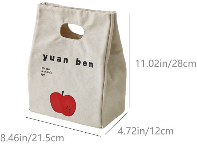 日式帆布加厚便當包簡約手提午餐包鋁箔保溫保冷飯盒袋野餐便攜袋, 1個, 白色紅蘋果