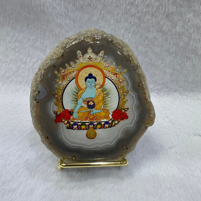 桌面瑪瑙 佛像 擺件 天然石 招財送禮, 藥師佛瑪瑙片擺件,直徑7-8釐米