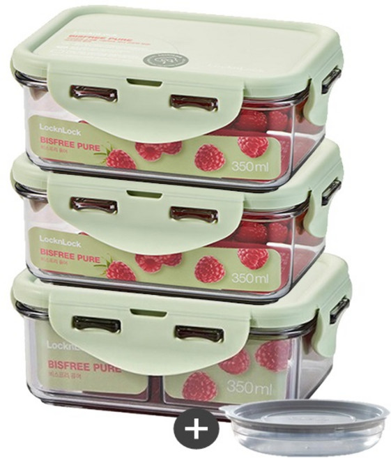 락앤락 비스프리 퓨어 직사각 밀폐용기 칸막이 반찬통 3P+1P세트, 350ml 2P+칸칸이 1P+가쯔1P, 1세트
