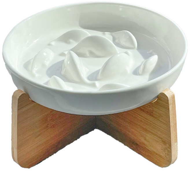 寵物來了 加高陶瓷寵物慢食碗, 1個, 慢食碗 單碗-白