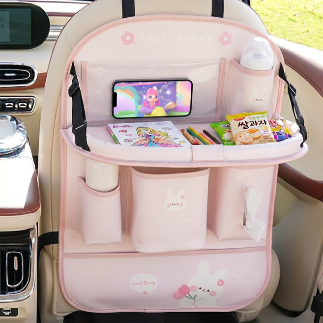 베베몽드 차량용 테이블 뒷좌석 수납함 킥커버 컵홀더 수납형, 래빗핑크, 1개