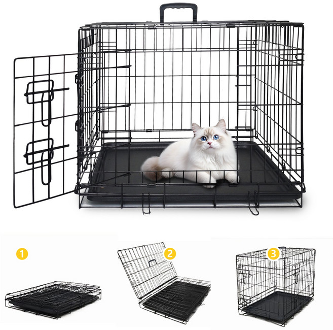 베이직 고양이 케이지 접이식 이동식 쟁반 양문 43cm x 48cm x 60cm, 1개, 블랙