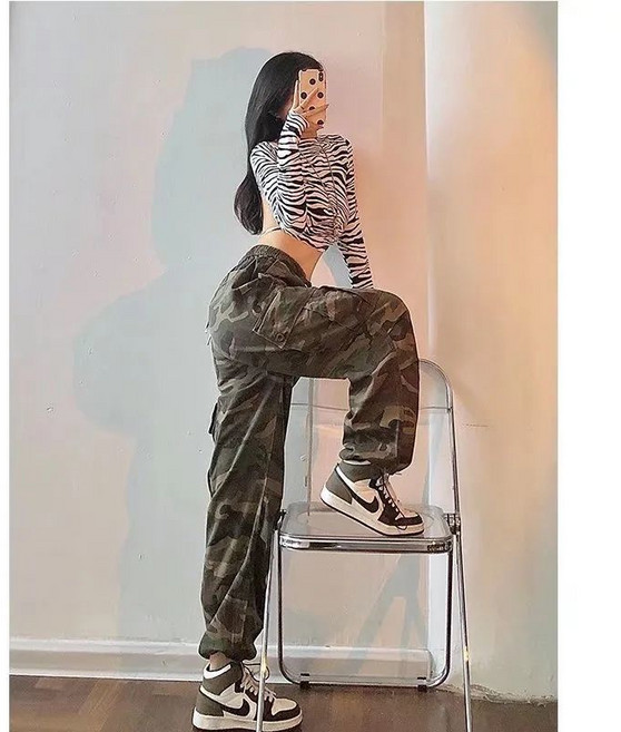 迷彩工裝休閒褲女 寬鬆束腳運動褲
