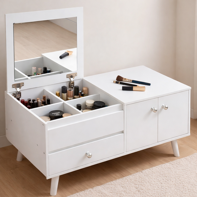 소프트엣지 LED 미니 좌식 화장대, 올 화이트 80cm