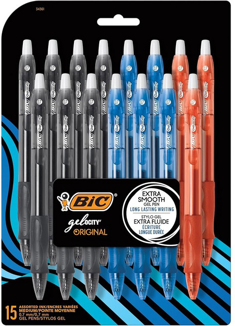BIC 젤로시티 오리지널 모듬 컬러 젤 펜 미디엄 포인트(0.7MM) 15개 팩 편안한 그립감을 갖춘 접이식, Assorted, 15 Count (Pack of 1)