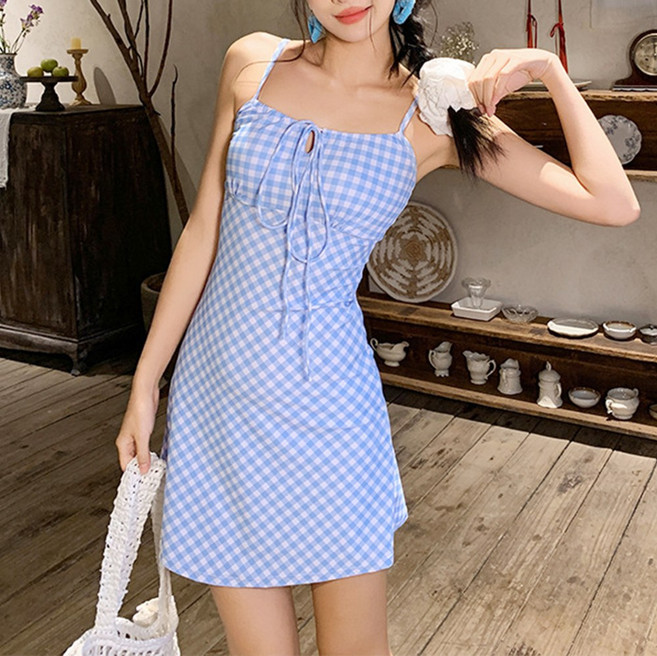 cammello 라이트 블루 체크 끈나시 미니 원피스 수영복 체형커버 모노키니