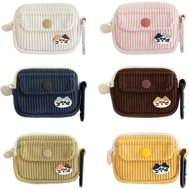 로마네 코듀로이 에어팟 파우치 / 악세사리 동전 소지품, 1개, 브라운, 모그리