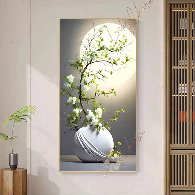 40x80 금전운 달항아리 보석십자수 흰 꽃 행운 재물 사업 성공 비즈 십자수 DIY, 1개, 40x80cm