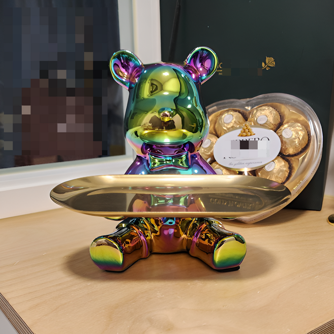 리앤솜 귀여운 현관 트레이 인테리어 차키 고양이 곰돌이, 고급진 세라믹 크롬 곰돌이 무지개색