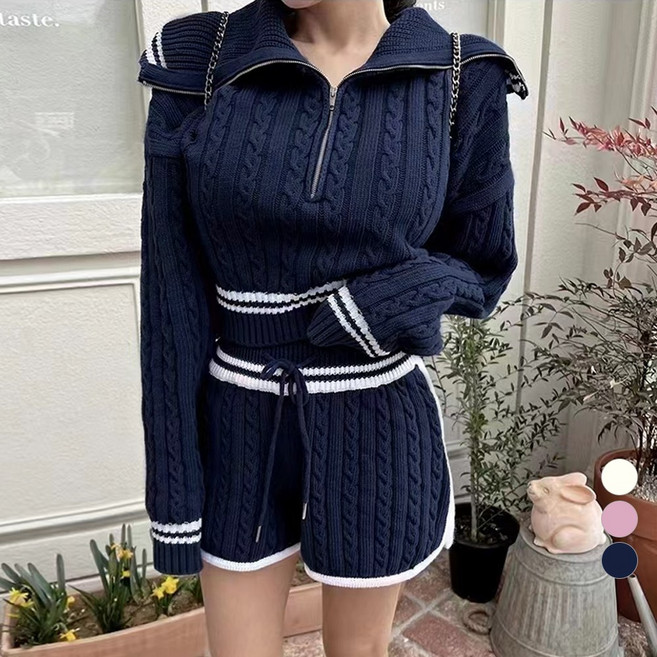 LALABELLE 여성용 세트 니트 카라 집업 긴팔 꽈배기 배색 밴딩 숏팬츠 데일리 투피스 상하의 세트