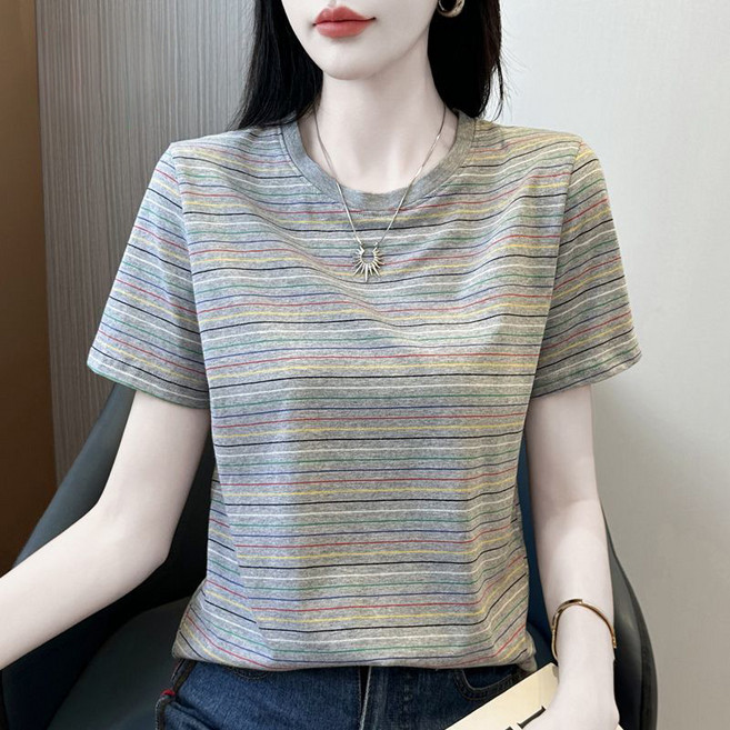 SAHINER 여성 스트라이프 반팔 티셔츠 라운드넥 슬림핏 봄여름 상의 BTX60
