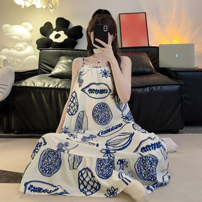 情侶睡衣 冰絲綢家居服套裝, 1個, DX5051-1【女吊帶睡裙帶胸墊】女L建議100-115斤