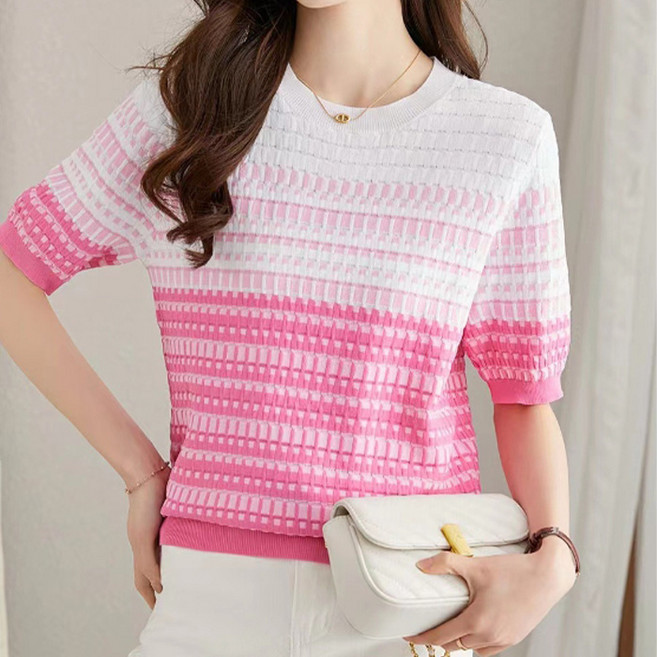 주디앤 여성 지트 배색 반팔 니트 티셔츠