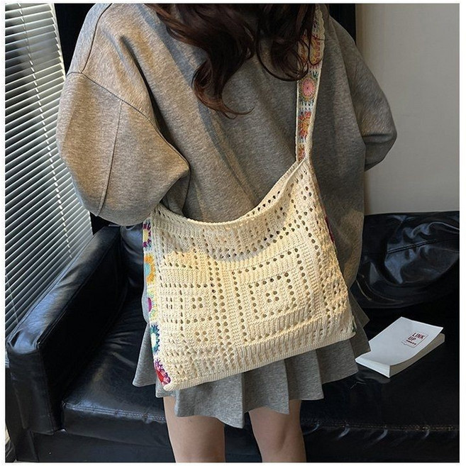 手工編織花朵針織托特單肩包