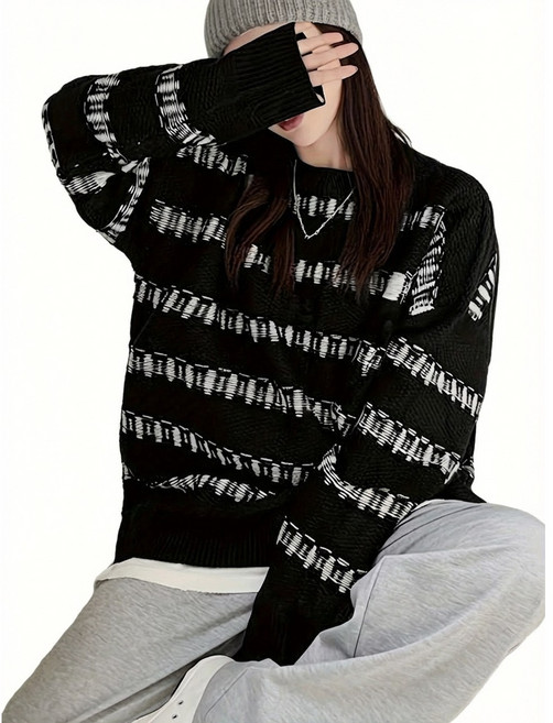 니트 스웨터 레이디스 테두리 배색 크루넥 오버사이즈 느긋한 스트리트계 한국 패션 체형 커버 가을 겨울 탑스 풀오버