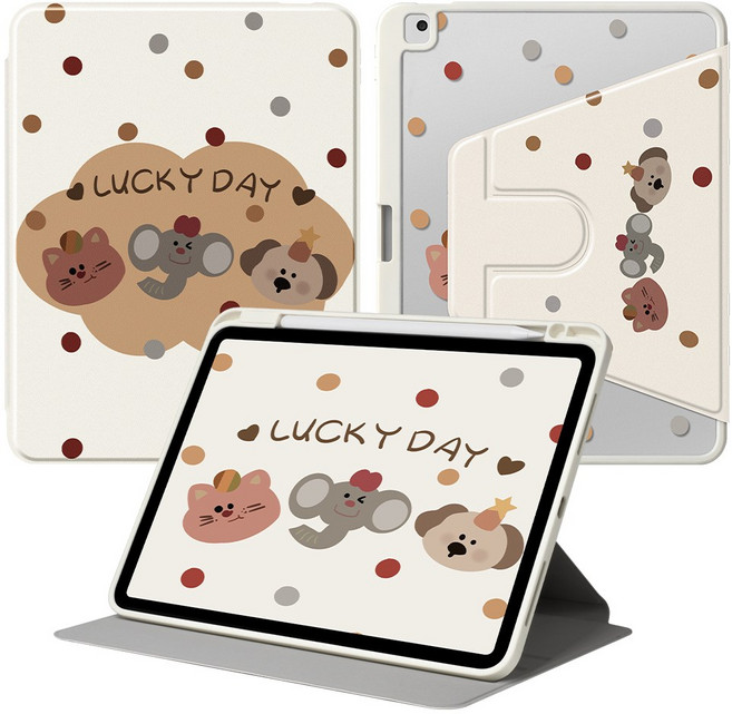 DUNNO 360도 회전 가능 펜슬수납 아크릴 아이패드 케이스, 1개, 7-Lucky Dots