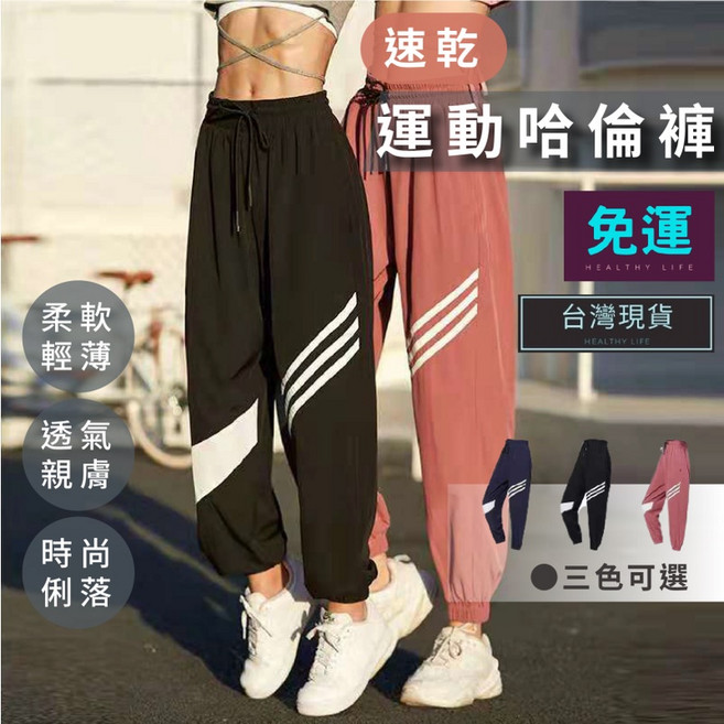 運動褲 女 哈倫褲 條紋 高腰 寬鬆 速乾