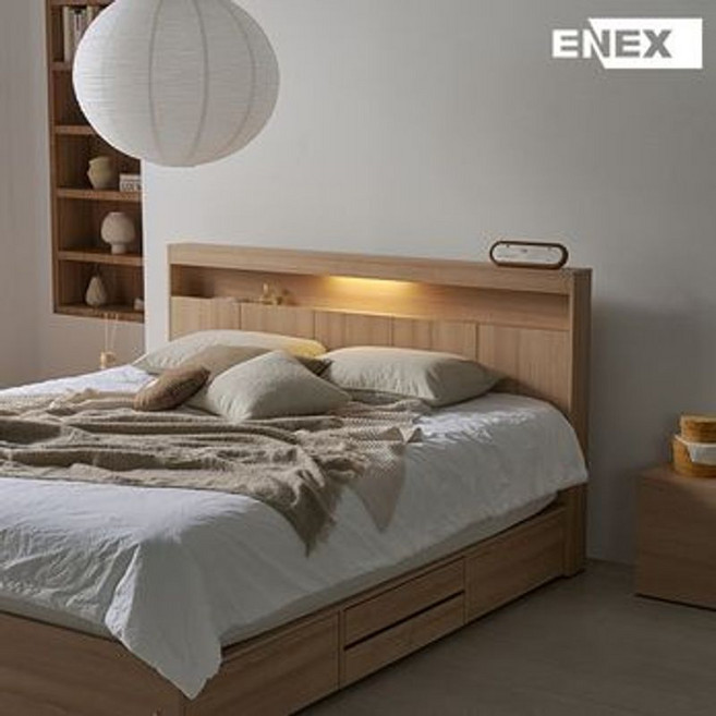 에넥스 제이드 LED 수납 침대 Q, 30cm, 내추럴오크
