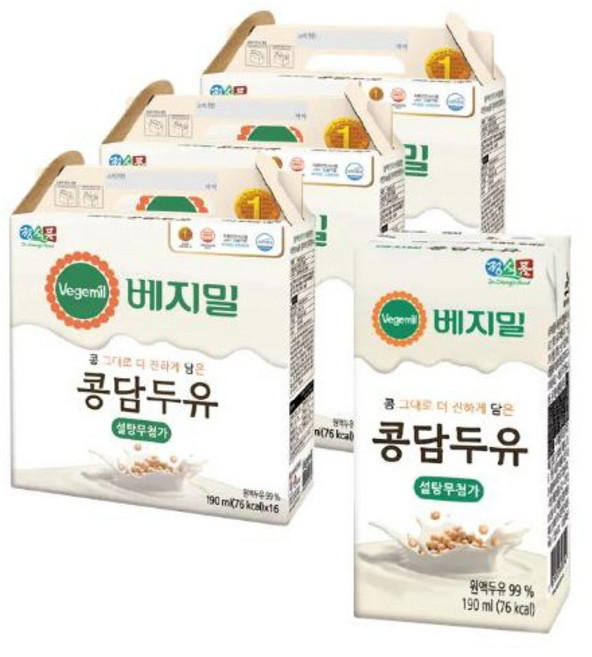 [베지밀] 무가당 콩담두유 190ml x 48팩, 9.12L, 1개