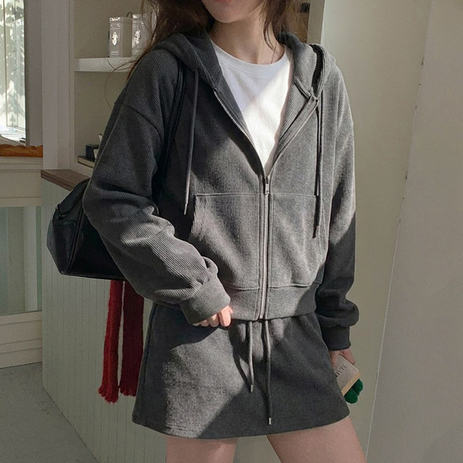 타니즈 리센티 골덴 여성 후드집업 밴딩 미니 스커트 투피스 세트