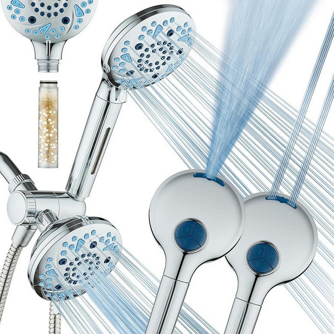 AquaCare High Pressure 6-way Dual Shower Head Combo with Built-in Filter & Power Wash - Clean Tub, Chrome