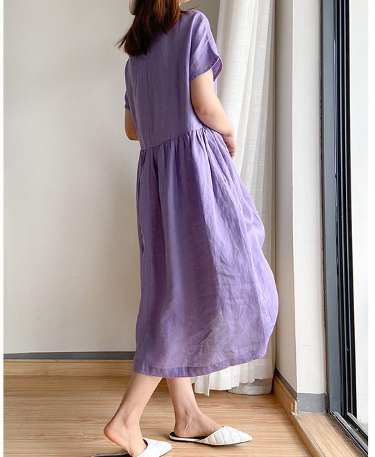 簡約文藝棉麻寬鬆顯瘦中長款連衣裙, M 约40.0-52.5公斤