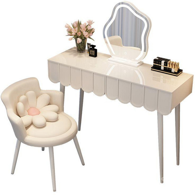 미니화장대 수납 세트 서랍장 드레싱 테이블 고급 인테리어 원룸 화장대 조명 예쁜, ., XP 플라워 싱글 테이블, 꽃 흰색 100CM 테이블+구름거울+둥근벤치