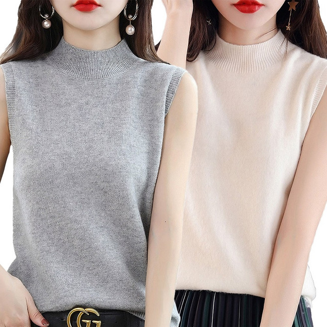 예니브 1+1 여성 간절기 반폴라 울니트 민소매 나시티 순색 루즈핏 니트조끼 이너웨어상의 풀오버 나시티