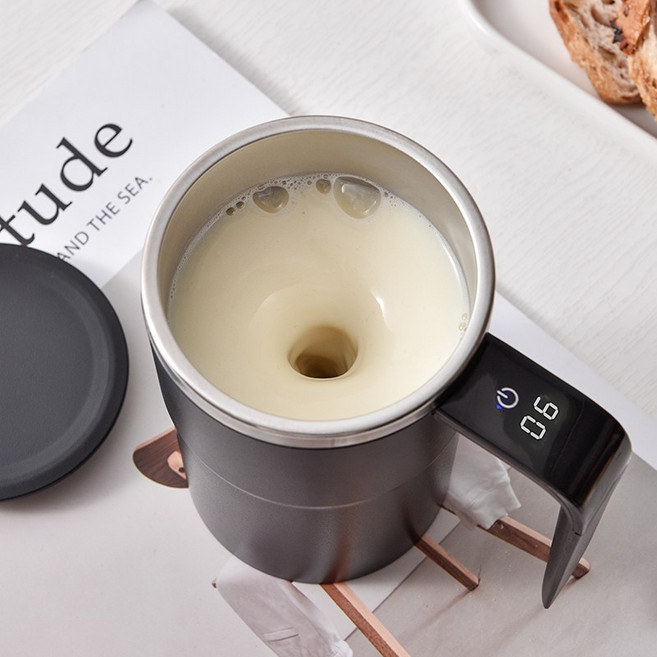 돌아라 충전식 자동 회전 믹스컵 원터치 온도 측정 커피컵 머그컵, 1개, 블랙