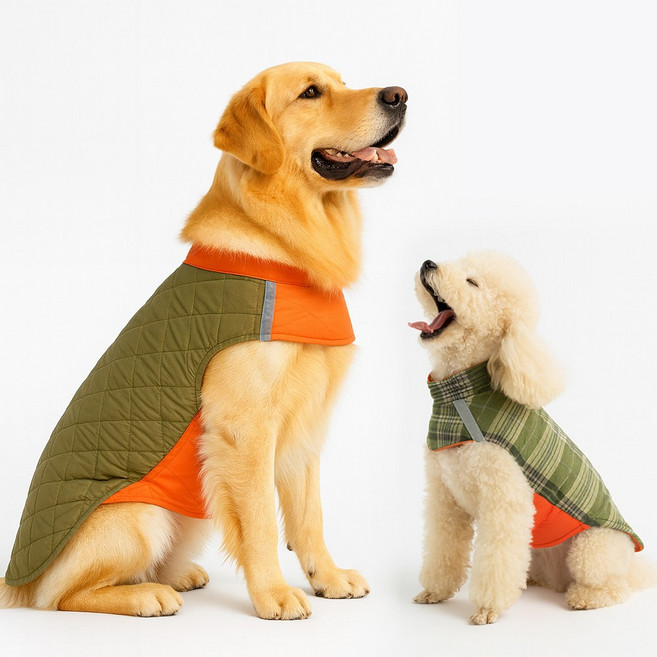 대형견 양면 경량 패딩 8가지 사이즈 깔깔이 하네스 벨크로 체크 조끼, 1개, 카키오렌지