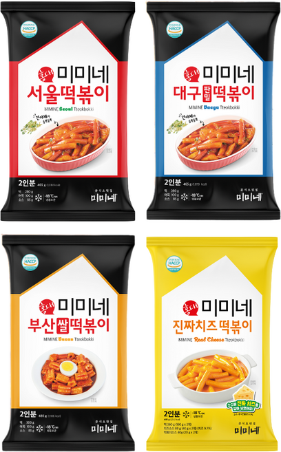[미미네] 서울떡볶이 + 대구판밀떡볶이 + 부산쌀떡볶이 + 진짜치즈떡볶이 (총 16인분), 4개, 473.75g