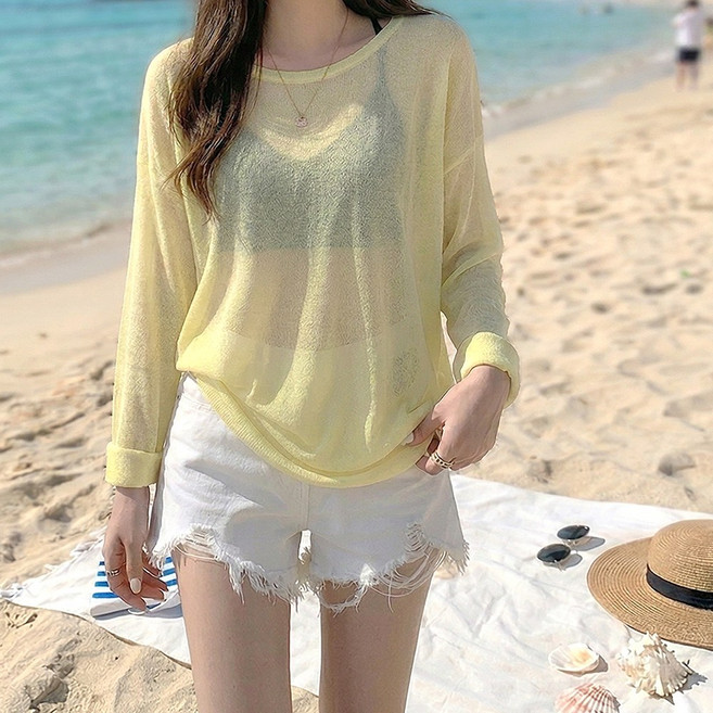 네모엔룩 여리박시시스루 여성 박시핏 시스루 레이어드 살안타템 햇빛가리개 바캉스 자외선차단 비치웨어 커버업 라운드넥 긴소매 니트, 옐로우