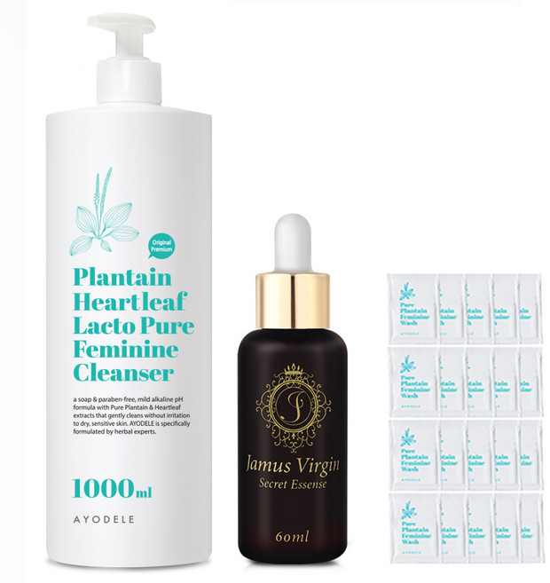 질경초 여성청결제 1 000ml + 자무스버진 여성Y존 시크릿에센스 이너피부 보습영양윤활세럼100ml +여행용파우치 4ml x 20개 총22개 세트, 1.22kg, 1개