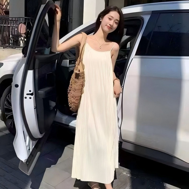 VEZRI 여성 여름 플리츠 스트랩 나시 롱 원피스 민소매 슬립 드레스 맥시 드레스 홈웨어 원피스
