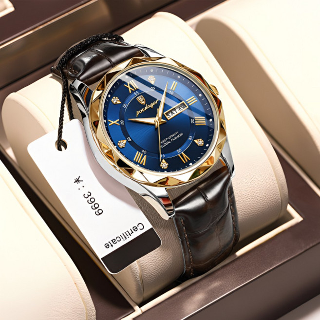 포스워백 남자 가죽 손목 시계 야광 방수 오토 캘린더 패션 시계