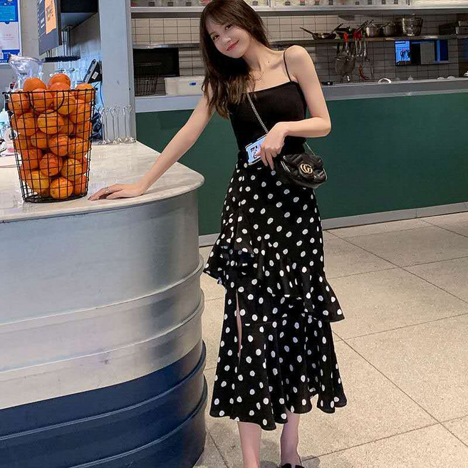 COSYEVNO 여성 하이웨스트 쉬폰 도트 프린트 프릴 미디스커트