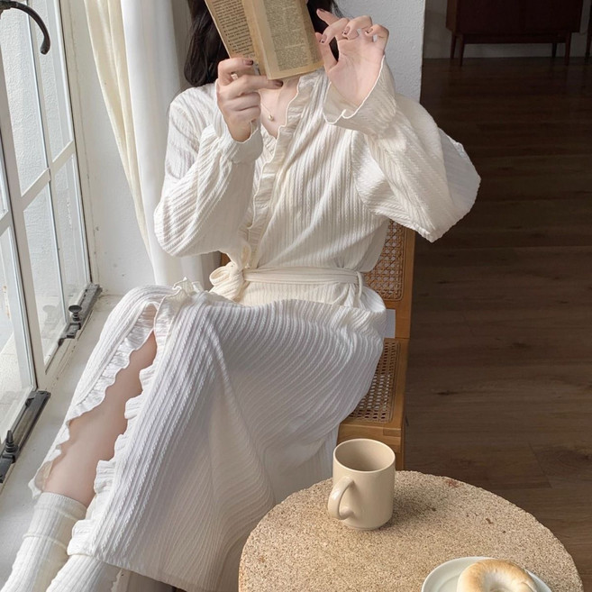 女款薄款繫帶長款晨袍睡袍家居服, 1個, 米白色 品質高于同行L 建議95-105斤