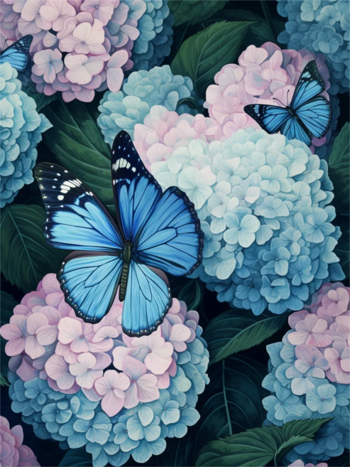 나비와 수국꽃 쉬운 조각퍼즐 한여름 만발한 자양꽃 행운 금전운 나에게로 날아오는 컬렉션 직소퍼즐 300 500 700 1000피스 어르신 효도선물, 나비와 보랏빛 핑크 수국꽃3, 1개