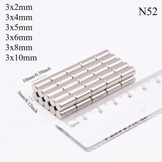 자석 N52 3x5 3x2 3x6 3x8 3x10 3x3 3x4mm 네오디뮴 냉장고 소형 원통형 디스크 공예 전기자전거 화이트보드 맞춤형 DIY, [00] 100pcs  n52, [00] 3x3mm