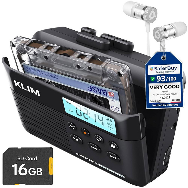 퓨전 이어폰이 장착된 KLIM K7 카세트 테이프 플레이어 - 카세트에서 MP3로 변환기 휴대용 내장 마이크 및 스피커 충전식 배터리 이어폰 16GB SD 카드 블랙, Black- Fusion White