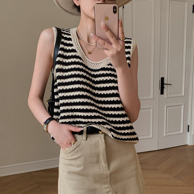 HA.M 여성 펀칭 스트라이프 니트 나시 단가라 민소매 티셔츠