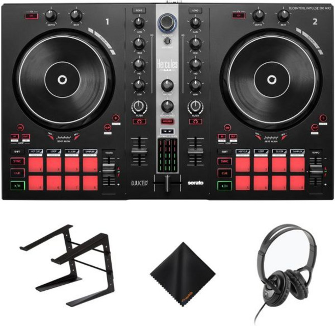 허큘리스 DJ컨트롤 인펄스 3002 데크 USB DJ 컨트롤러 세라토 라이트 및 DJUCED용 온스테이지 AA3500 유선 헤드폰 노트북 스탠드 청소천 번들 세트, 허큘리스 DJ컨트롤 인펄스 300-2 데크 USB DJ