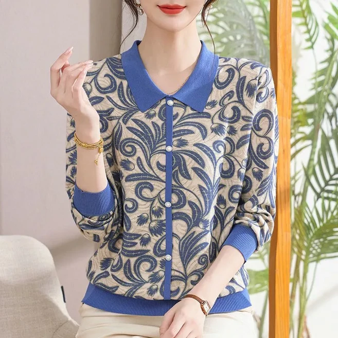 Makone 여성 봄가을 엄마옷 긴팔 니트 티셔츠 여성스러운 니트 블라우스 플라워 프린트 캐주얼 데일리룩