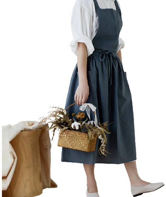 지엔 프로방스 방수 린넨 원피스 앞치마, 블루 그린, 1개