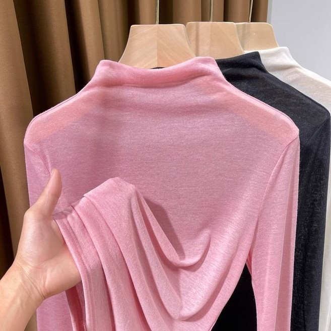 여성 반폴라 긴팔 티셔츠 봄가을 패션 슬림핏 이너 긴팔티 반목티 캐주얼 기질 시스루 블라우스 상의 WMY