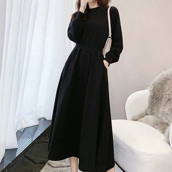 데일로엔 여성 맨투맨 밴딩 긴팔 롱 플레어 원피스