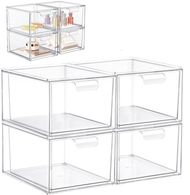 CROTOLO 세트 쌓을 수 있는 화장품 정리함 투명 서랍 아크릴 플라스틱 보관함 욕실/화장대/주방 캐비닛/식료품 저장실용, 4개