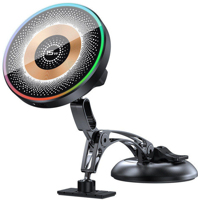 에이덤스 차량용 맥세이프 거치대 15W 고속 무선충전 엠비언트 라이트, 블랙, adums-mdms