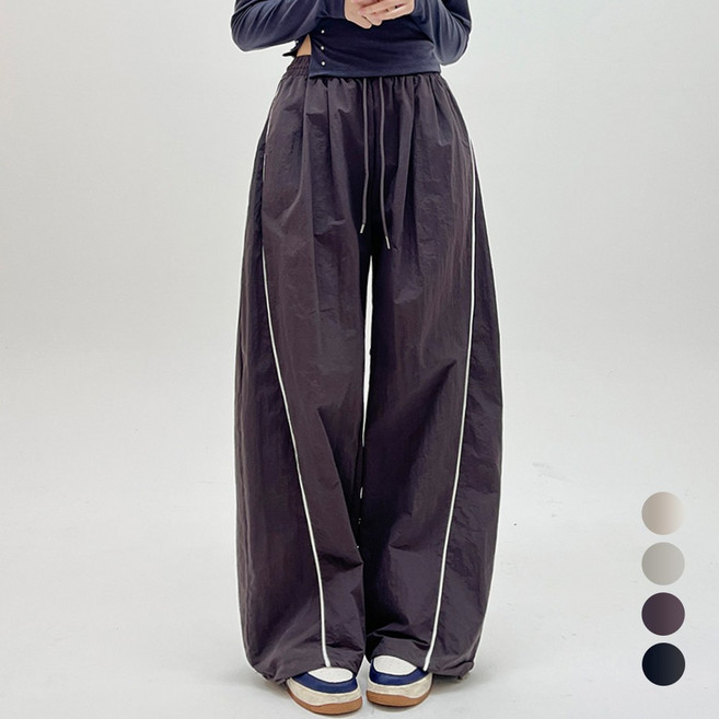 코모도 바스락 절개 와이드 바지 나일론 밑단 조절 스트링 조거 팬츠 ( 2단기장 )