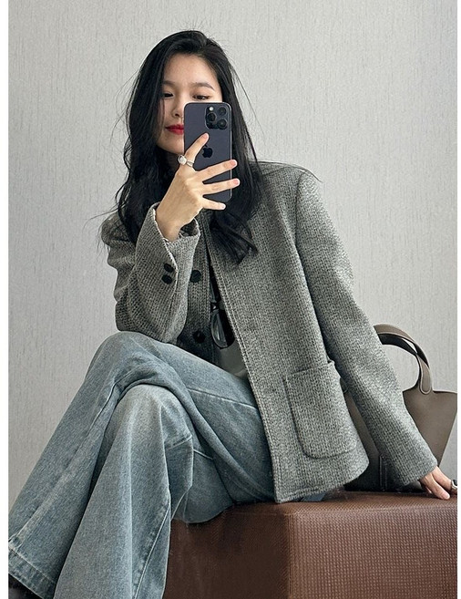 쩐쿠 여성 라운드 데일리 러블리 트위드 자켓 K0130
